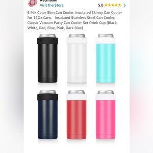 Set of six 12 ounce stainless steel coozies, multi color. Brand new!